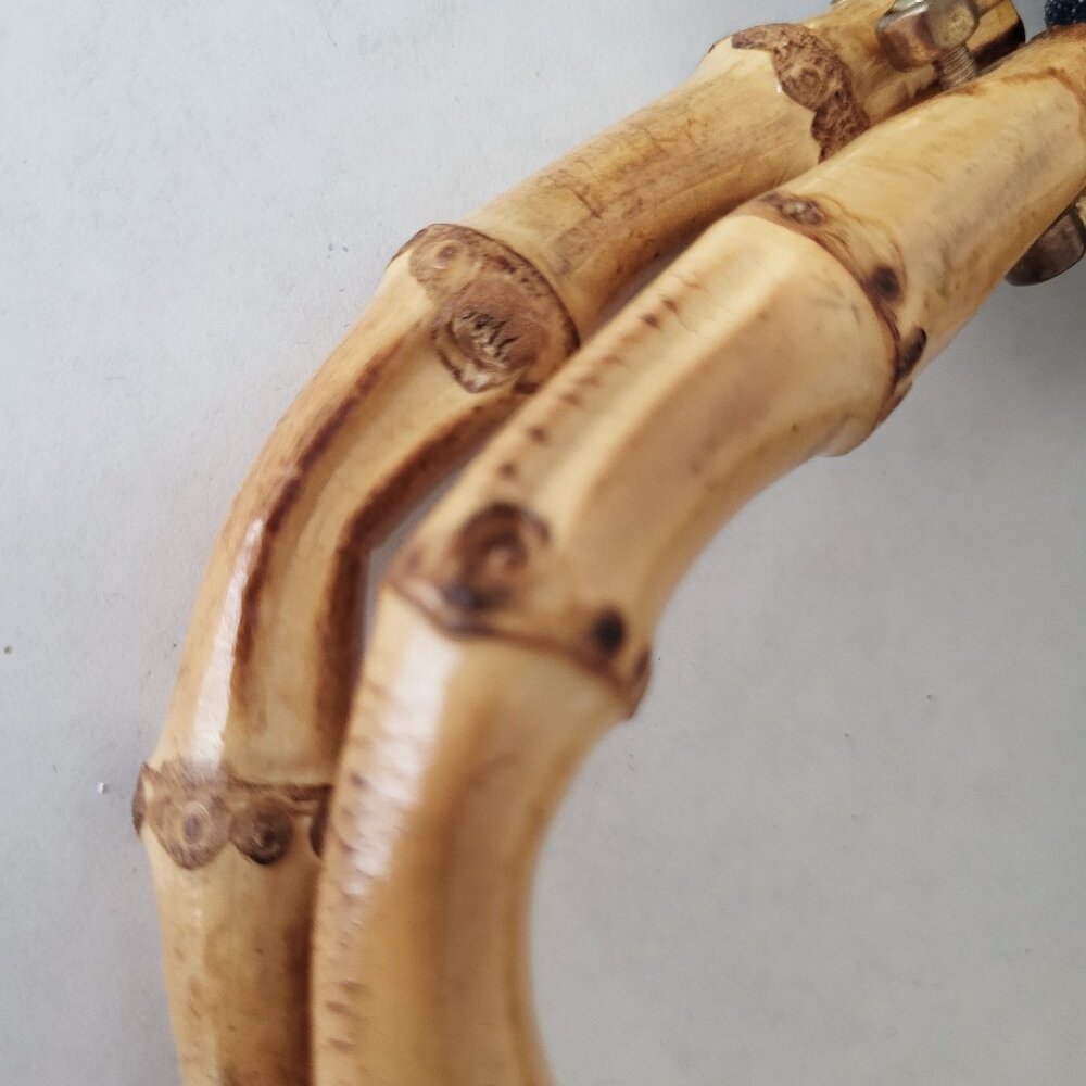 Vintage Raffia Woven Handbag Denim Lining Bamboo Handles - Picture 6 of 10